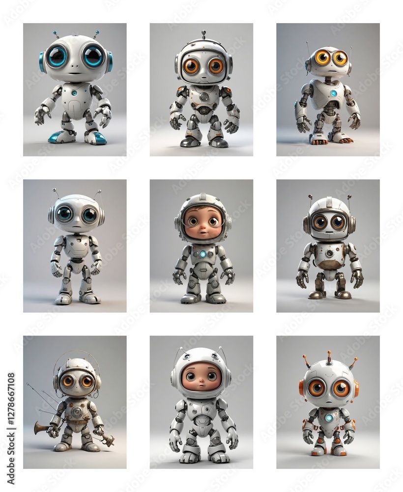 Aufkleber Nine toy robots with metallic bodies and big eyes stand on a white surface. Each robot has a unique design, showcasing variations in style and features.