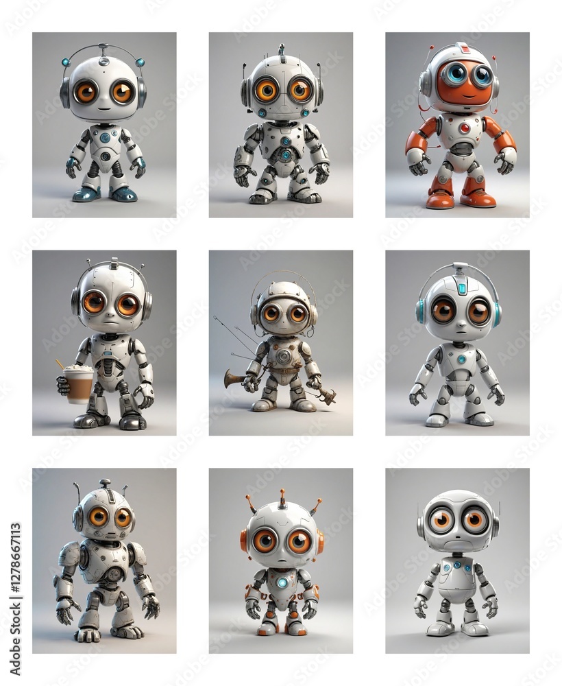 Poster Nine cute white robots with big eyes stand in a grid on a white background. Each robot has a unique pose and some have different accessories.