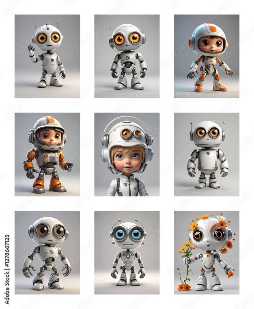 Poster Nine cartoon robots in various poses are displayed against a plain backdrop. Some robots have helmets or headphones and some hold flowers.