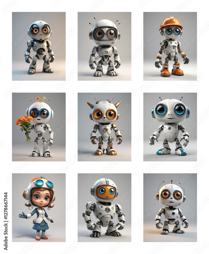 Poster a collection of nine cartoonish robot illustrations and one cartoonish girl in a grid layout. the ro