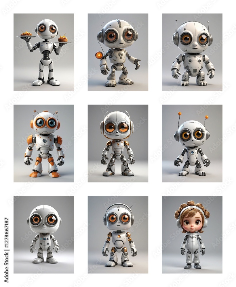 Aufkleber Nine cartoonish robots with large eyes and antennas are displayed in a grid. One robot holds a plate of food, and a girl in a robot suit is among them.