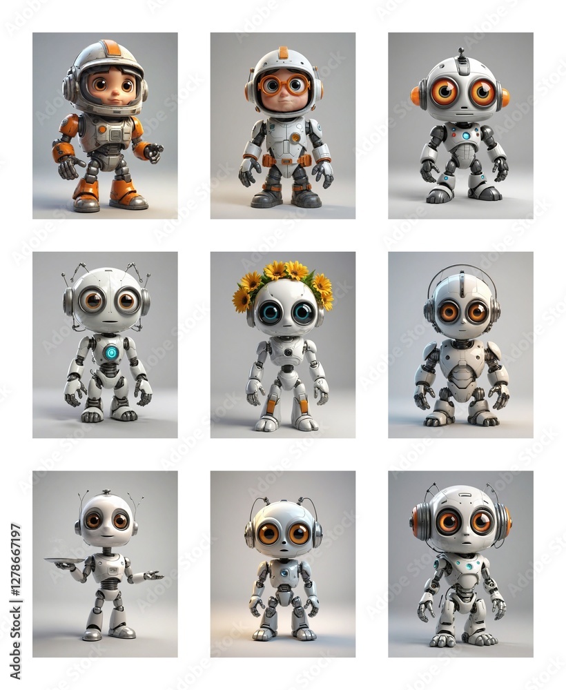 Poster nine adorable cartoon robots are showcased. each robot is unique with different poses, outfits, and 