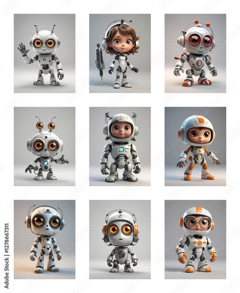 Poster collection of charming cartoon robots, some resembling humans, others more mechanical. they feature 