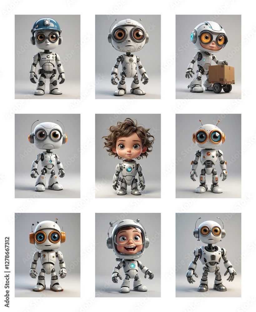 Poster A grid of nine panels showcases a cute 3D animated robot character in various poses and outfits. One panel features a smiling human child instead of the robot.