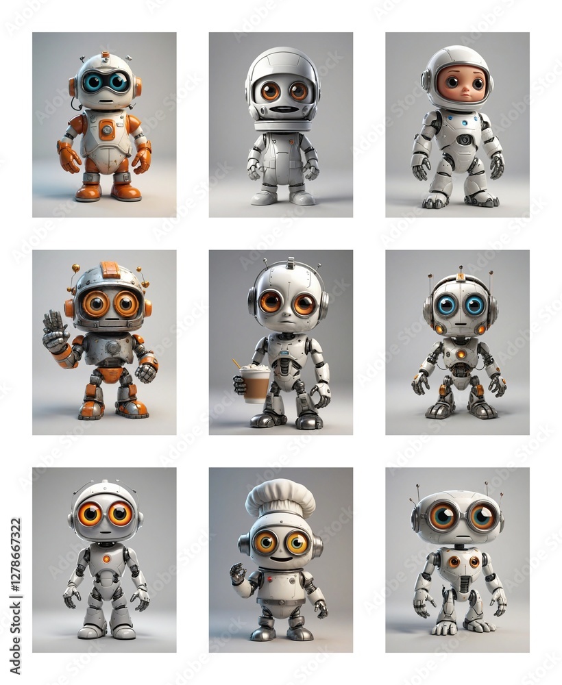 Poster Nine cute cartoon robots, displayed in a grid. Each robot has unique color variations and design elements, presenting a playful collection of digital characters.