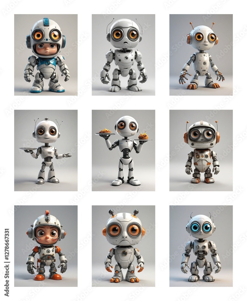 Poster nine cartoonish robots, each with a unique design and pose, are presented on a white background. the