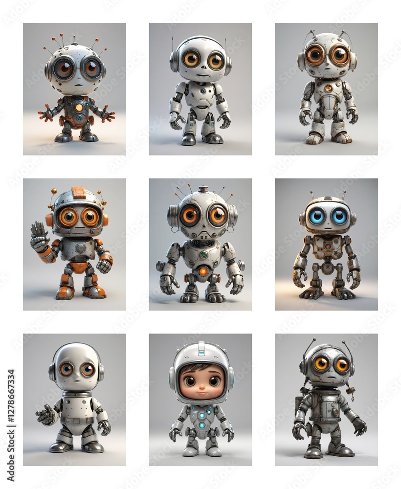 Aufkleber Nine diverse robot characters are showcased against a white backdrop. Each robot features a unique metallic finish and toy-like design, studio shot.