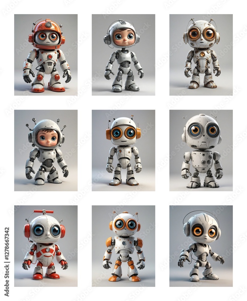 Aufkleber Adorable cartoonish robots with big eyes and colorful accents stand on a white background in various poses, creating a playful and imaginative collection.