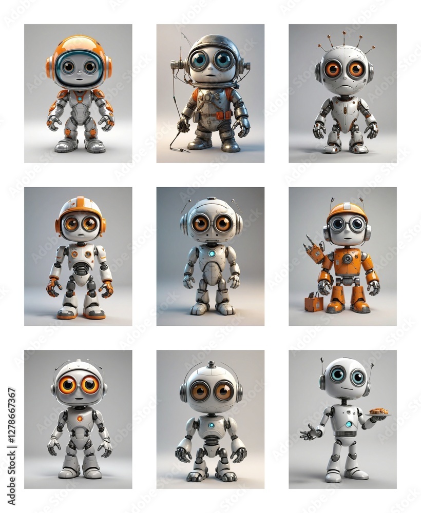 Poster Nine charming cartoon robots with large eyes and unique designs are showcased against a plain backdrop, some equipped with antennas and tools.