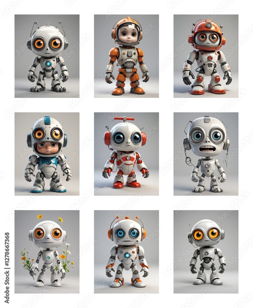 Leinwandbilder Nine cartoonish robots with big eyes and antennas are displayed on a white background. Each robot has a unique color scheme and design, showcasing a playful and whimsical style.