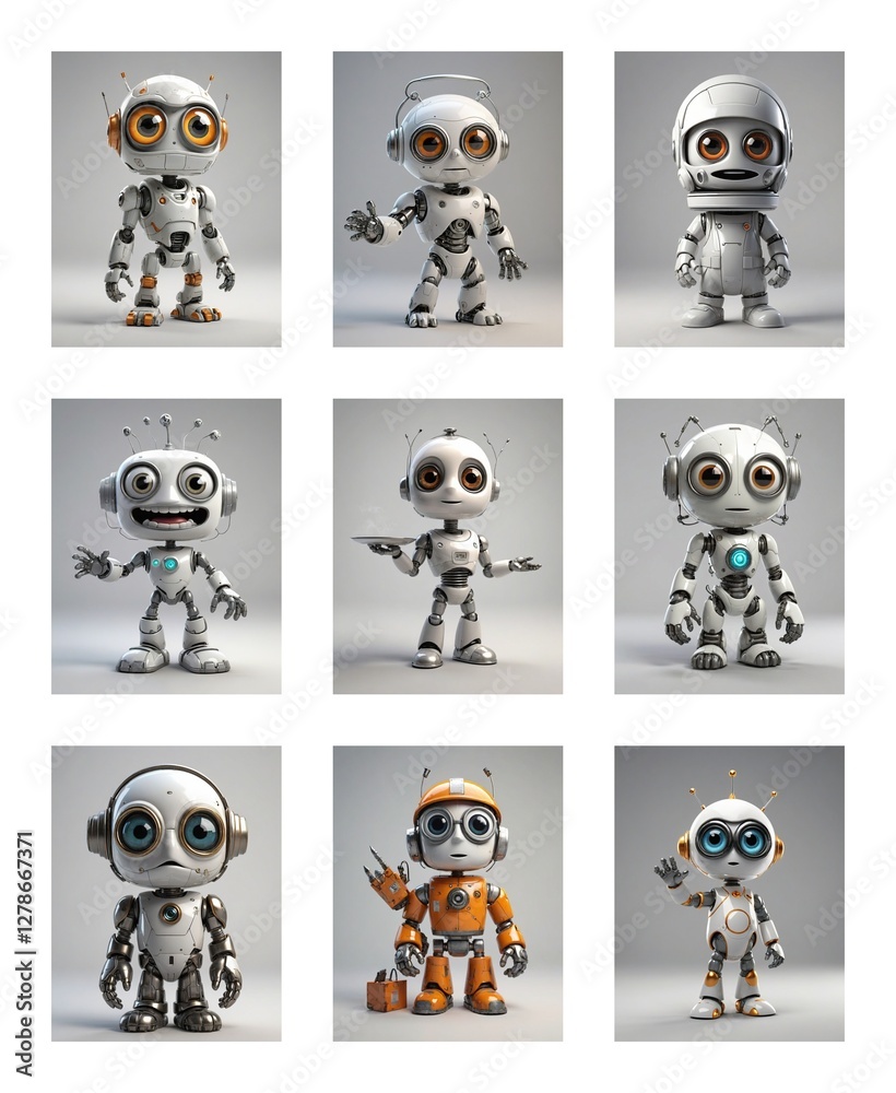 Poster nine cartoon robots with big eyes and small bodies are posing in various ways against a plain white 