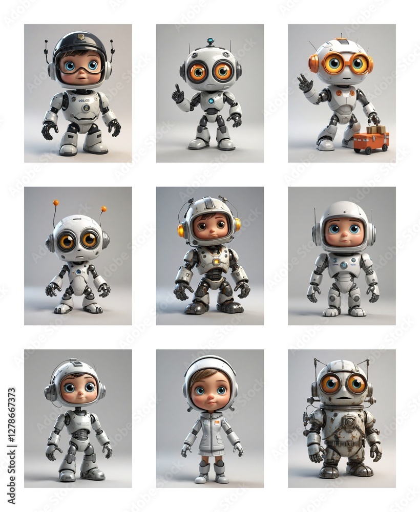 Poster Nine cute robots with big eyes pose in different stances against a plain backdrop. These cartoonish figures feature various designs and details in a clean, digital style.