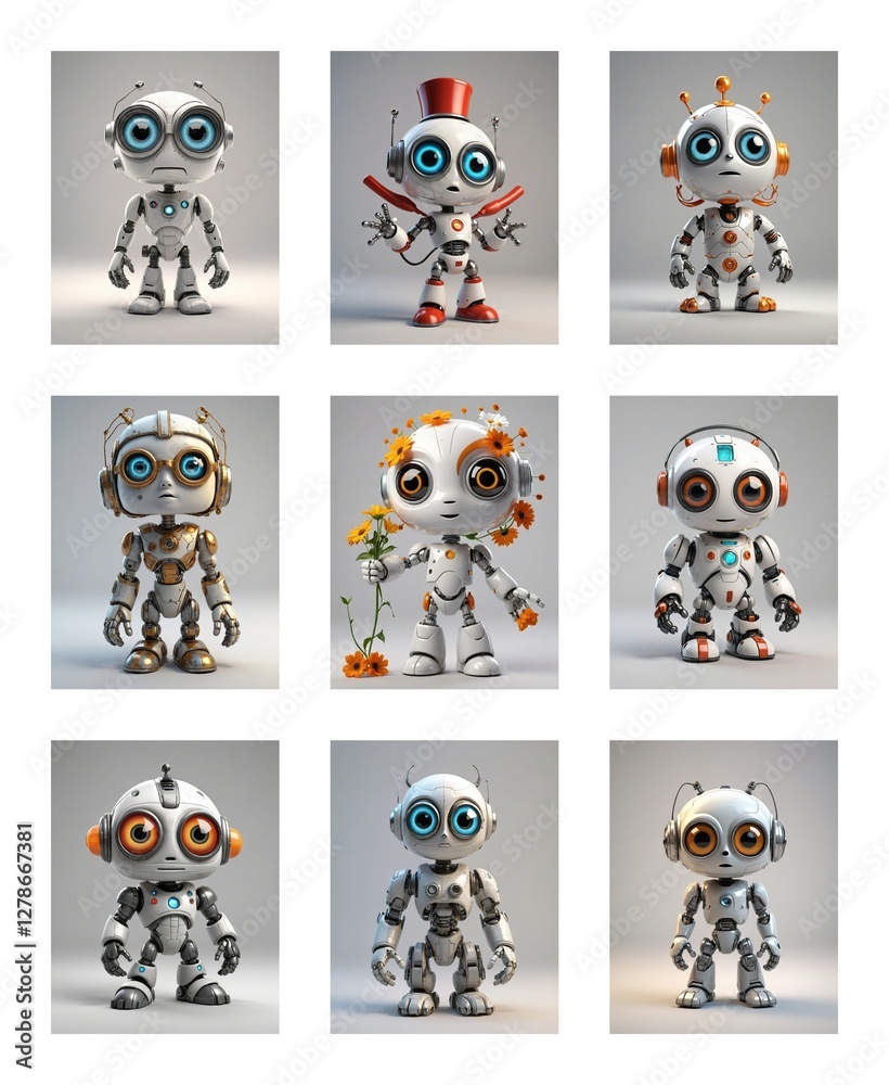Poster Nine cartoonish robots with big eyes are displayed on a white background. Each robot has a unique design, some with hats, flowers or antennas. They are all standing.