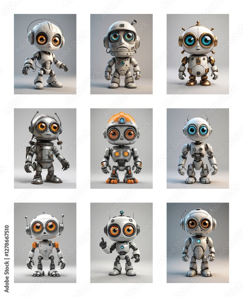 Poster nine cute cartoon robots with big eyes stand in various poses against a plain background, showcasing