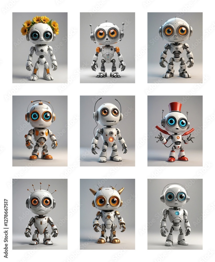 Poster nine cute cartoon robots with big eyes and varied antenna, headwear, and body decorations stand agai