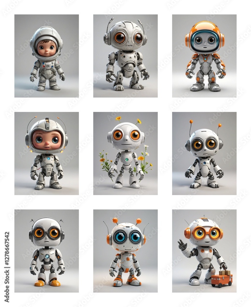 Aufkleber Nine cute cartoon robots with big eyes are displayed in a grid. Each robot has a unique pose and some wear helmets or hold flowers or a toy car.