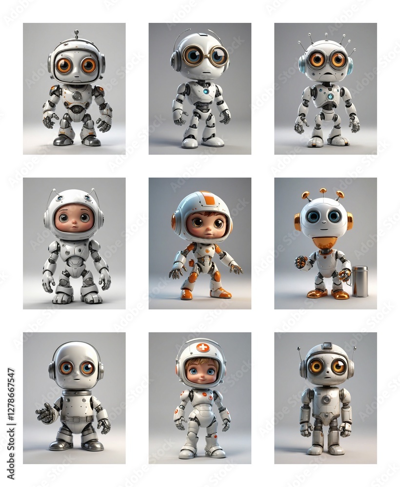 Poster nine adorable cartoon robots with white bodies and various designs are displayed against a soft grey