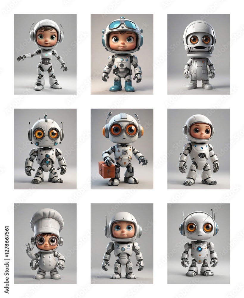 Poster Nine cartoonish robots in white and grey suits showcase different poses and expressions. These child-like figures are displayed on a plain backdrop.