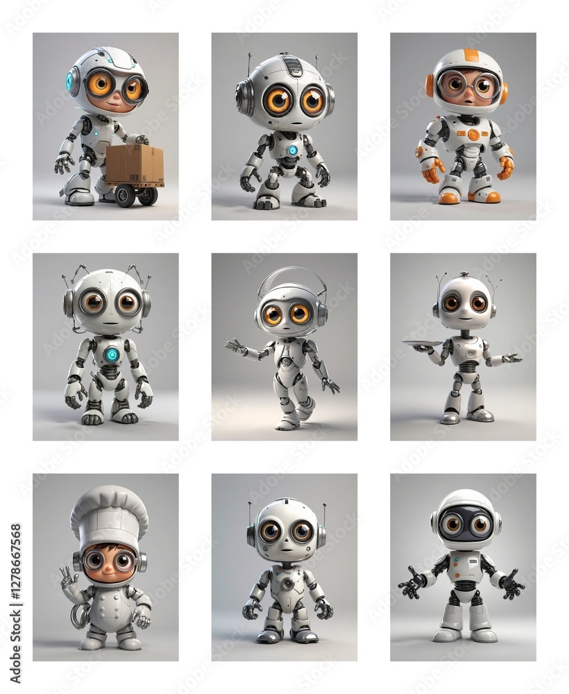 Poster Nine cute futuristic robots with big eyes are displayed in different poses and scenarios. Some are holding objects and wearing different hats.