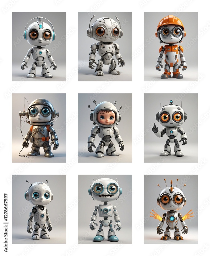 Poster Nine cartoon robots with various designs and poses are displayed against a plain white background. Each robot is unique and charming.