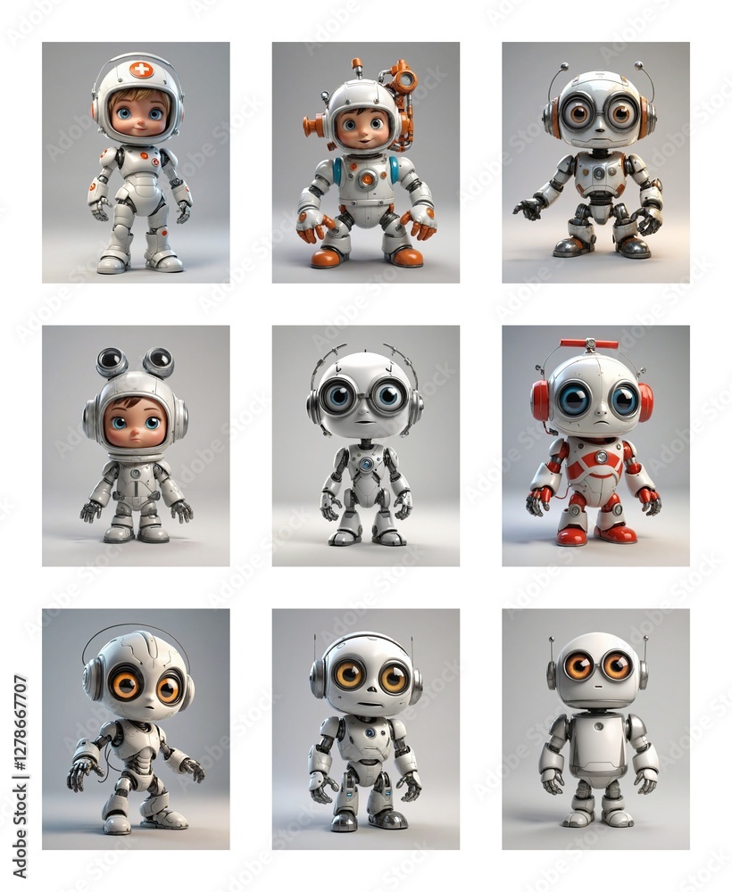 Aufkleber Nine cartoon robots are showcased against a white backdrop, each with its own distinct design and features, creating a diverse collection.