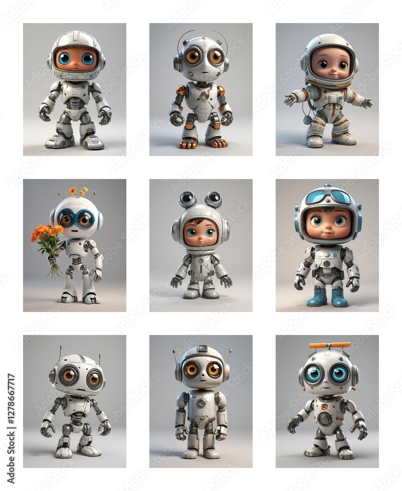 Poster Nine cute, cartoonish robot figures with varied designs are displayed on a clean white backdrop. Each robot has unique features and poses.