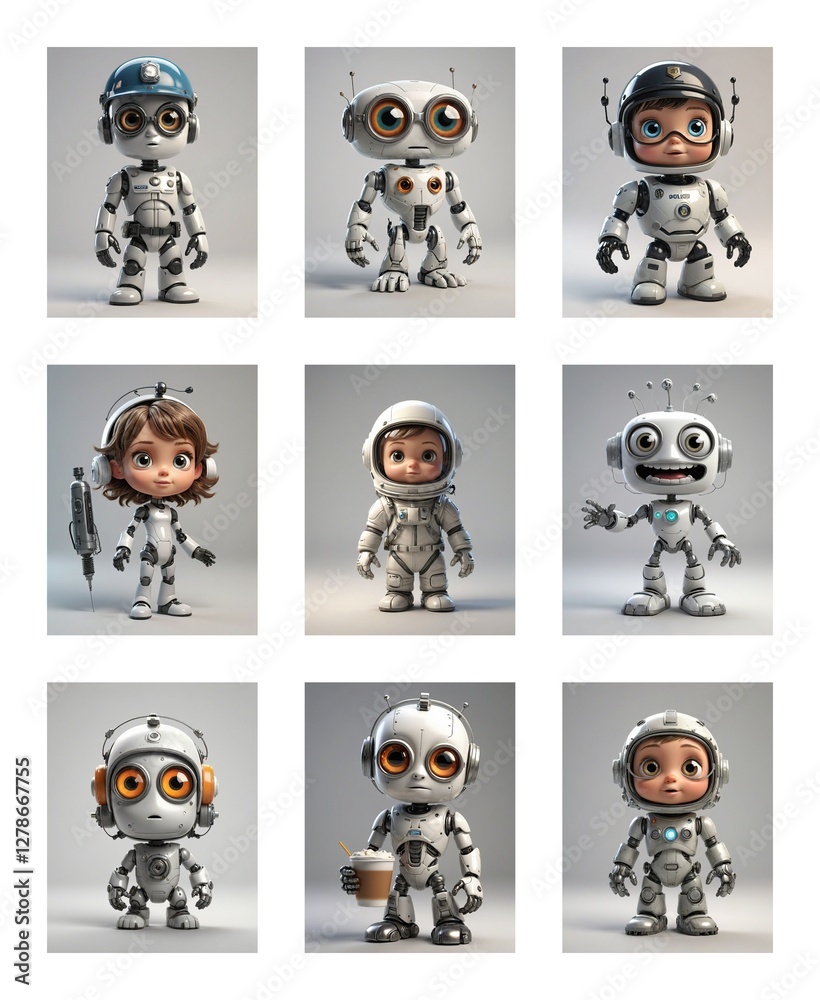 Poster Nine cartoon robots are displayed in a grid, each with unique headwear, poses, and expressions against a neutral background in a digital art style.