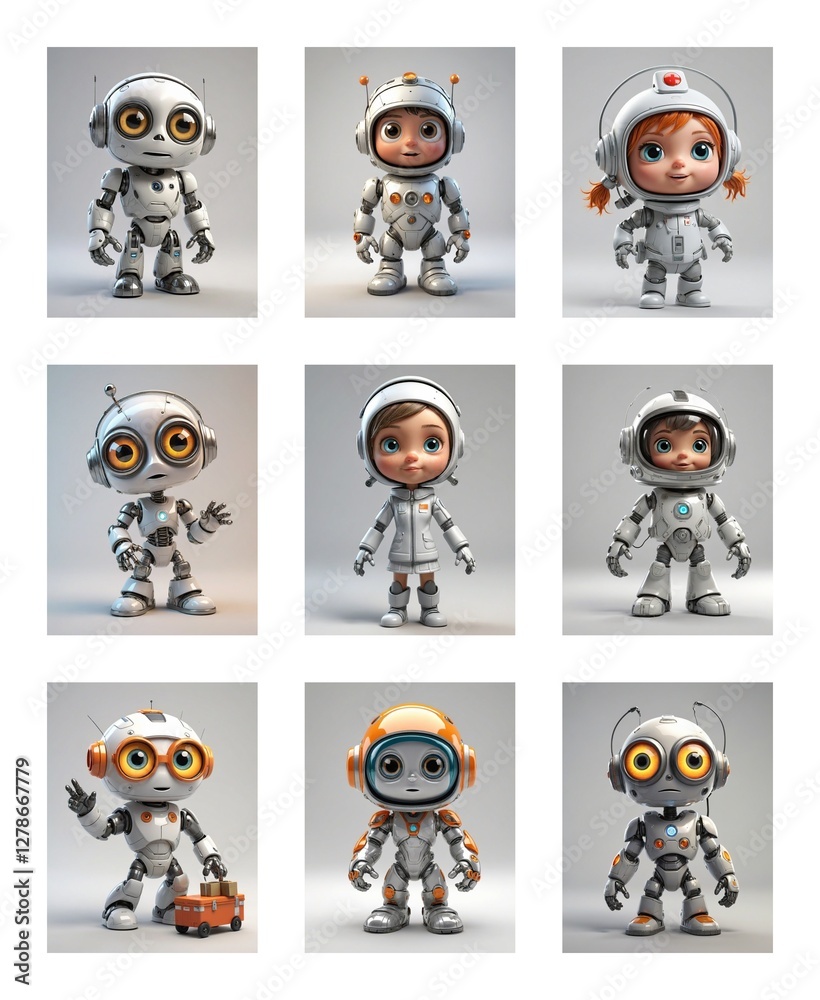 Poster A collection of nine charming cartoon robots are presented in a grid. Each robot displays unique designs, colors, and poses against a soft background.