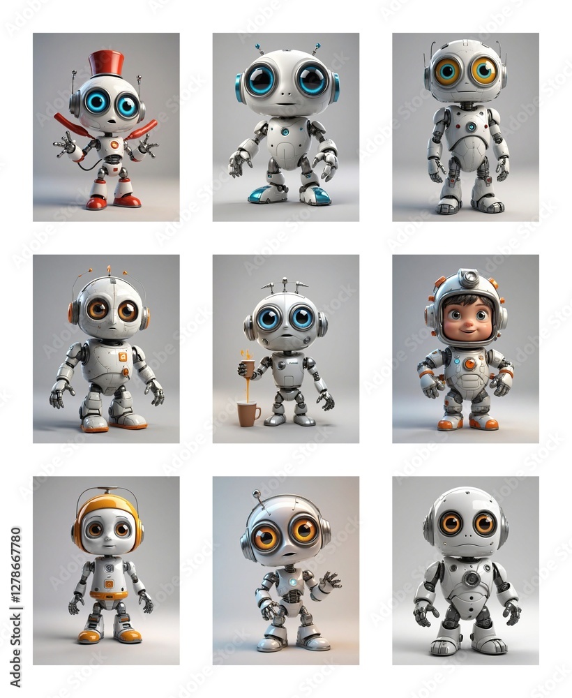 Aufkleber Nine cute, cartoonish robots with large eyes are displayed against a plain background. Each robot has a unique pose and accessory, showcasing different styles.
