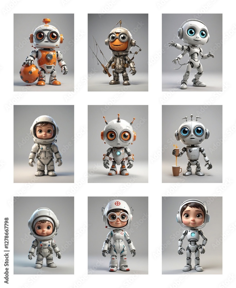 Poster Nine adorable robot and astronaut characters displayed on a grid, showcasing a variety of cute and friendly designs in a clean and simple style.