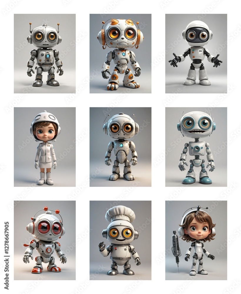 Poster nine cartoon robots and two children in robot costumes are showcased against a white background in a