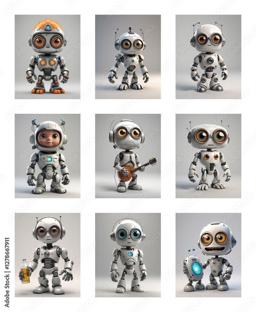 Poster Nine charming cartoon robots, each with unique poses and styles. Mostly white and grey robots, some are holding a guitar, bottle, or glowing orb.