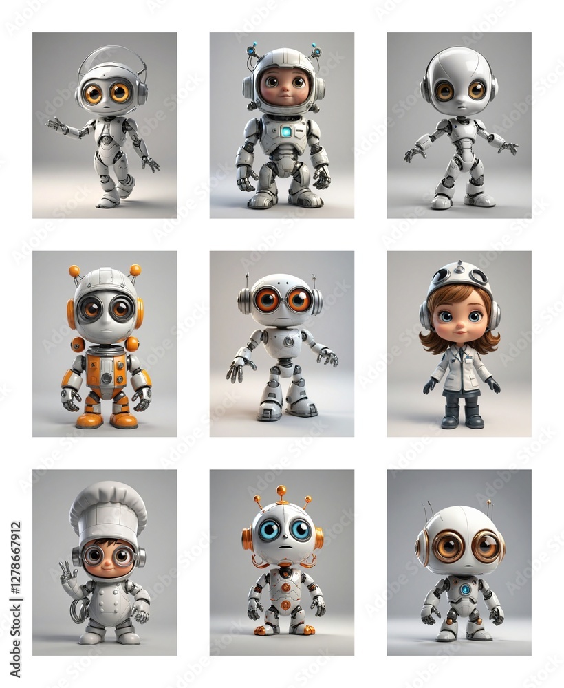 Leinwandbilder Nine cartoonish robot figures with oversized eyes are displayed against a plain white backdrop. Each robot has a unique design and pose, creating a playful and futuristic collection.