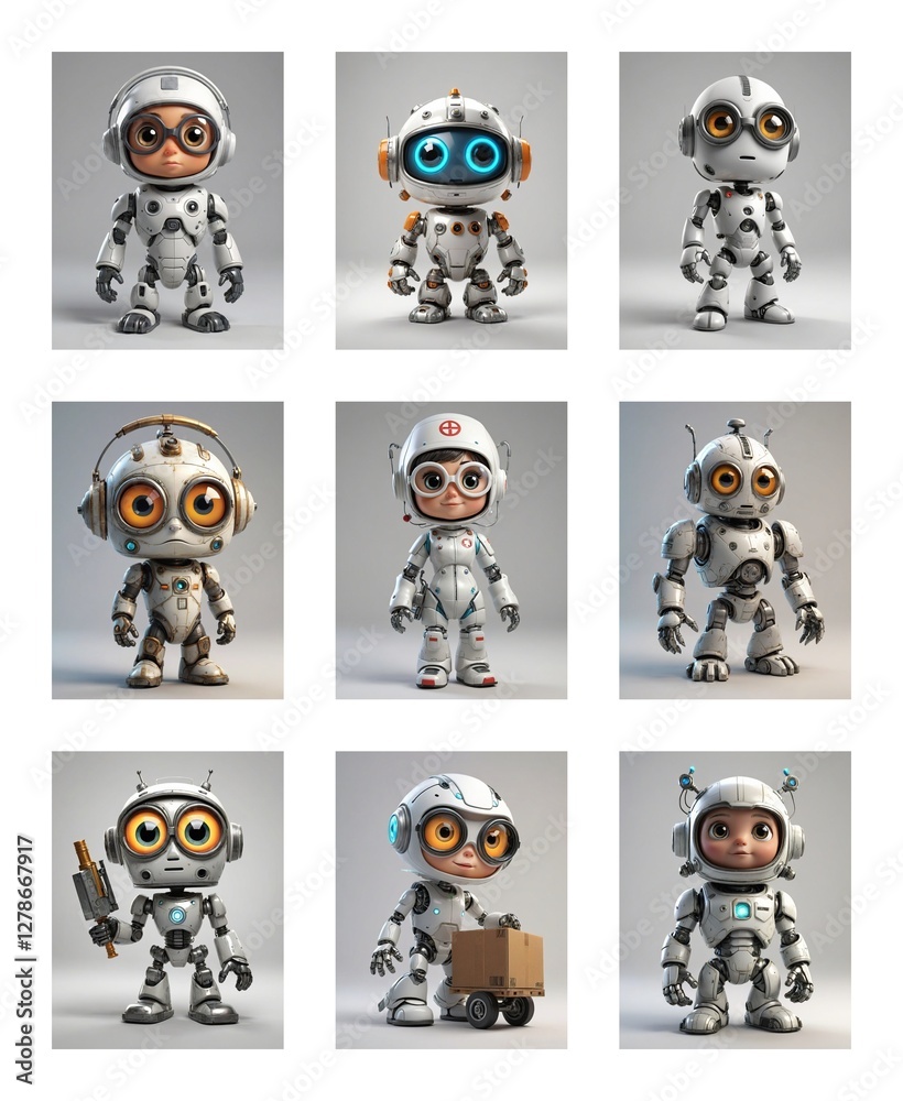 Poster Nine cute cartoon robots with diverse headwear and features are showcased in a grid against a clean white backdrop. Each robot has a unique design.