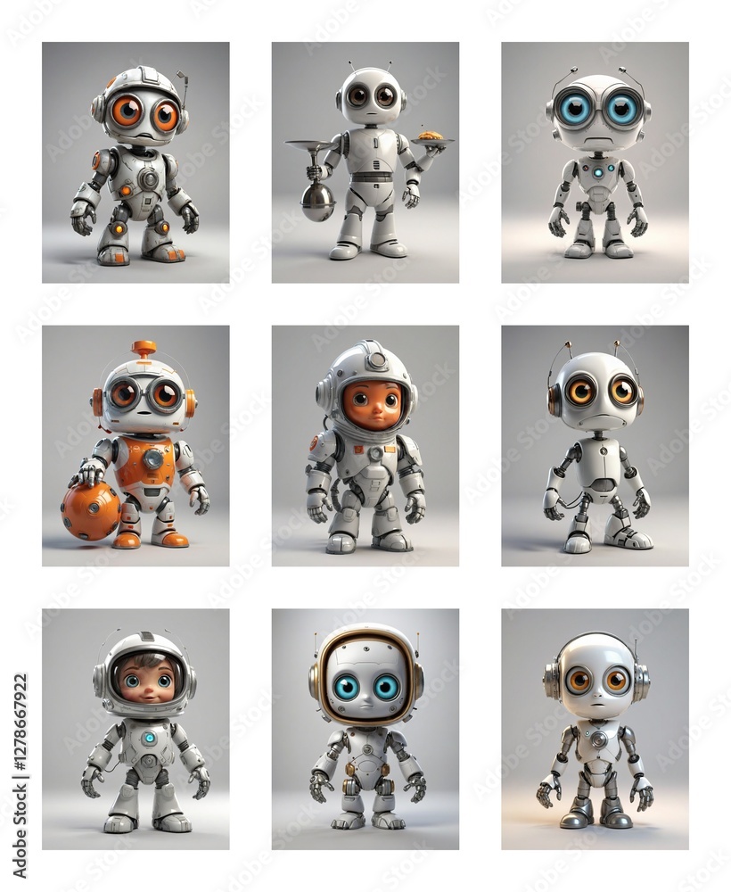 Poster nine unique cartoon robots with big eyes and metallic bodies are posed against a plain white backdro