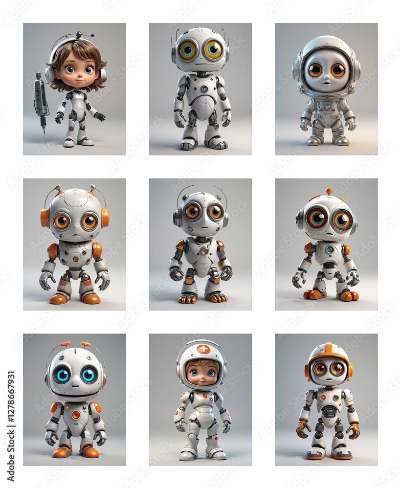 Poster nine cute cartoon robots in a grid, some with human-like faces and big eyes, are presented against a