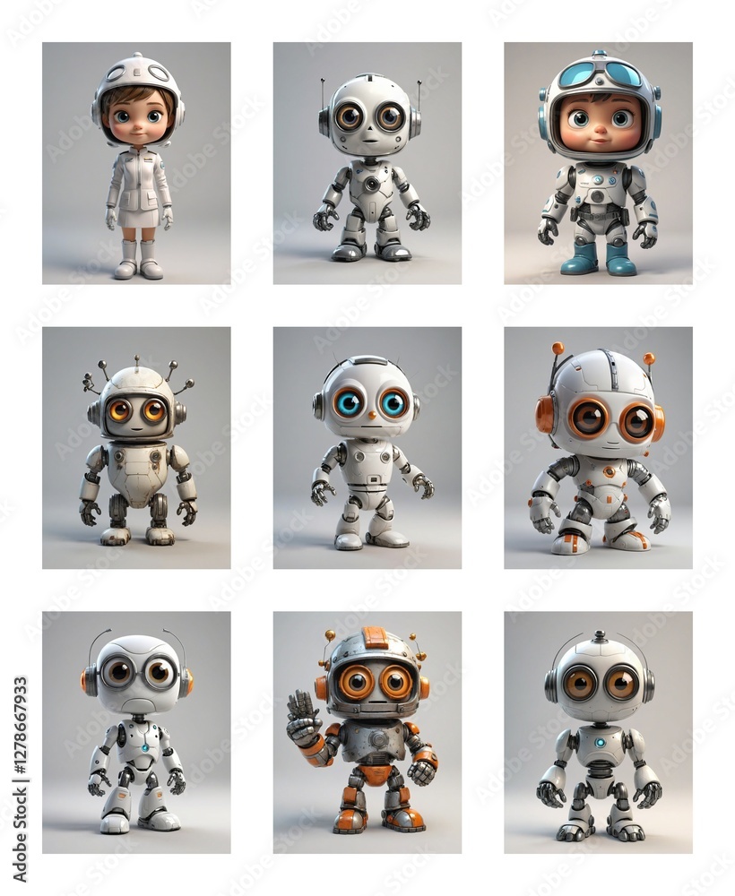 Poster nine cartoon robots with different designs are displayed on a gray background. they are cute, playfu