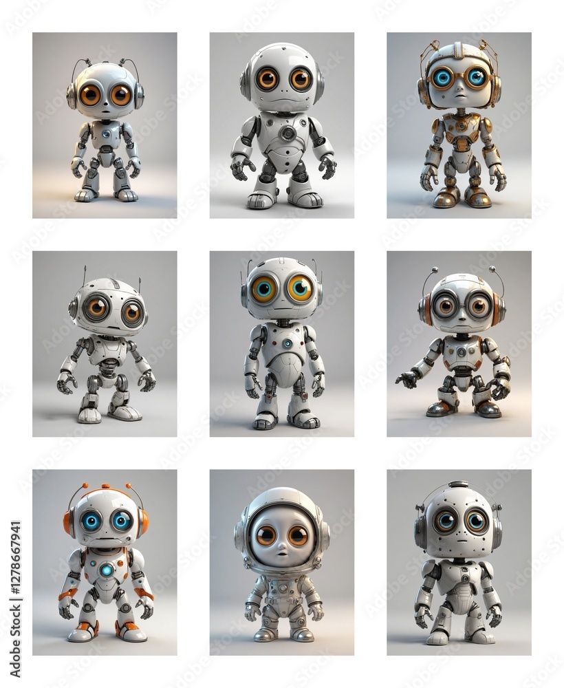 Poster Nine charming, petite robots with large eyes are arranged in a grid against a plain white backdrop. They are predominantly white and gray, accented with metallic details.