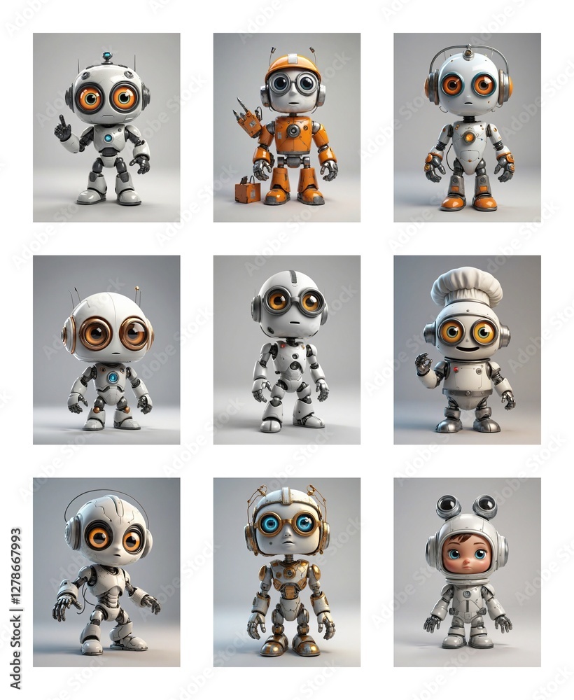 Aufkleber Nine charming robots with unique styles stand on a white background. These full body, digital characters showcase varied outfits, perfect for design projects.