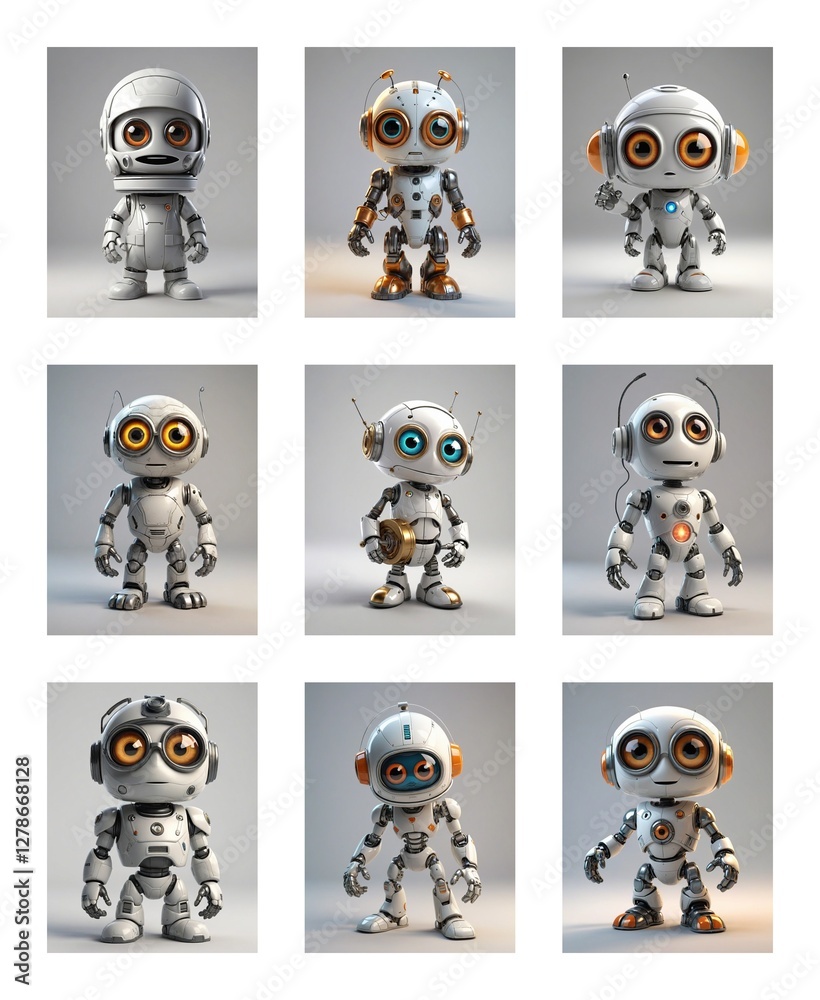 Poster Nine cartoon robots with big eyes are displayed in a grid, each with slightly different designs and orange accents on white and metallic bodies in a simple style.