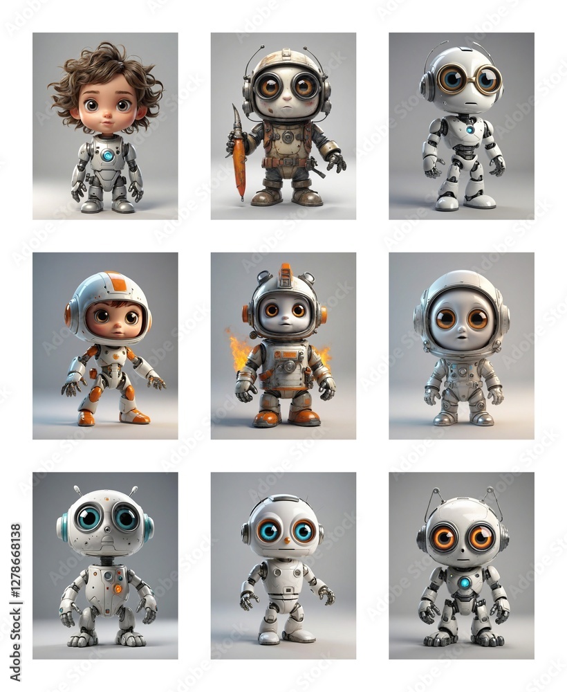 Poster Nine cute cartoon robots with big eyes and different designs stand against a plain background.  Each robot has unique features and poses, creating a collection of charming robotic characters.