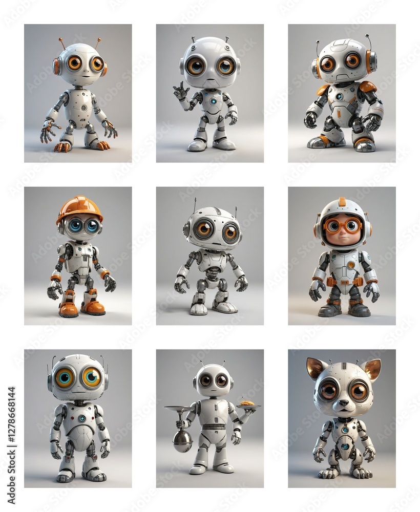 Poster nine diverse robot characters showcase unique poses and accessories. each small, white robot present