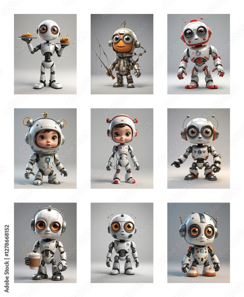 Aufkleber Nine adorable white robots with oversized eyes are neatly arranged in a grid. A few robots are holding various items like food, a fishing rod, and a cup of coffee.