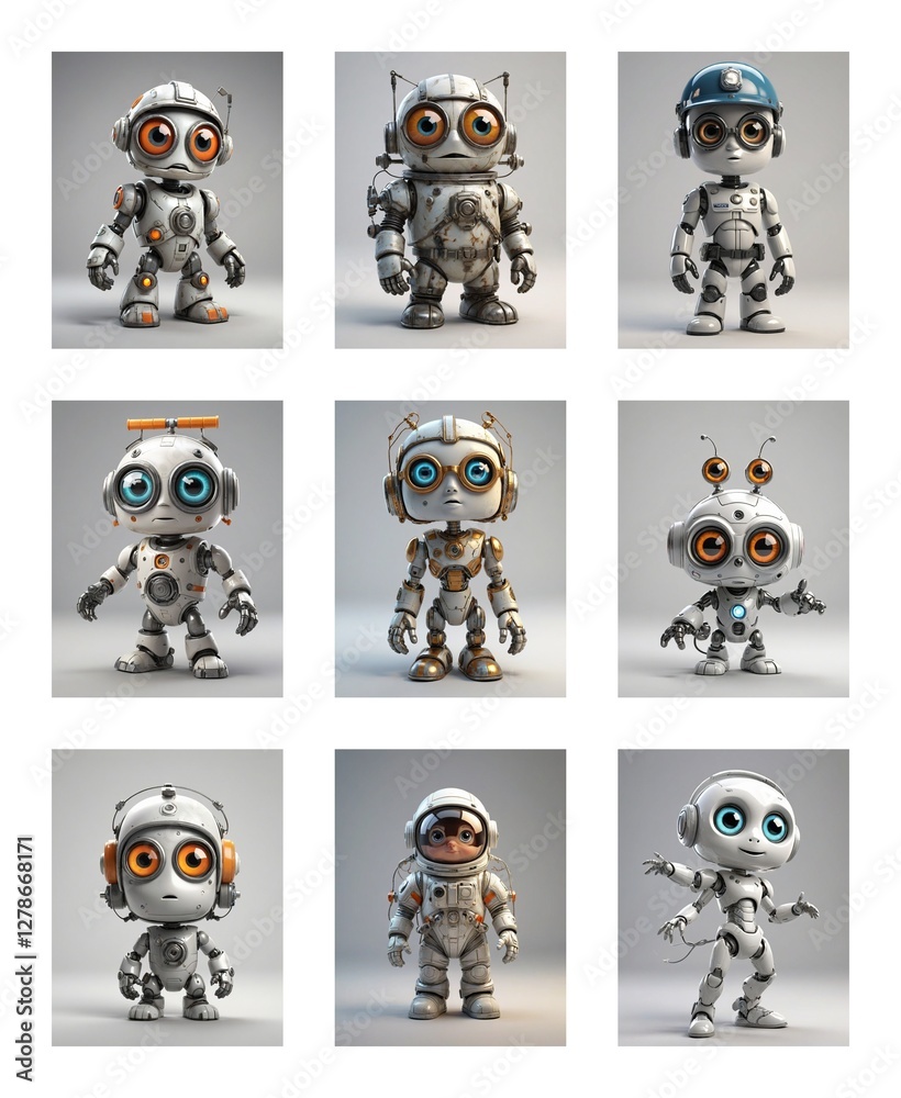 Aufkleber nine diverse cartoon robots stand in a grid, each with unique eyes, headwear, and body styles, showc