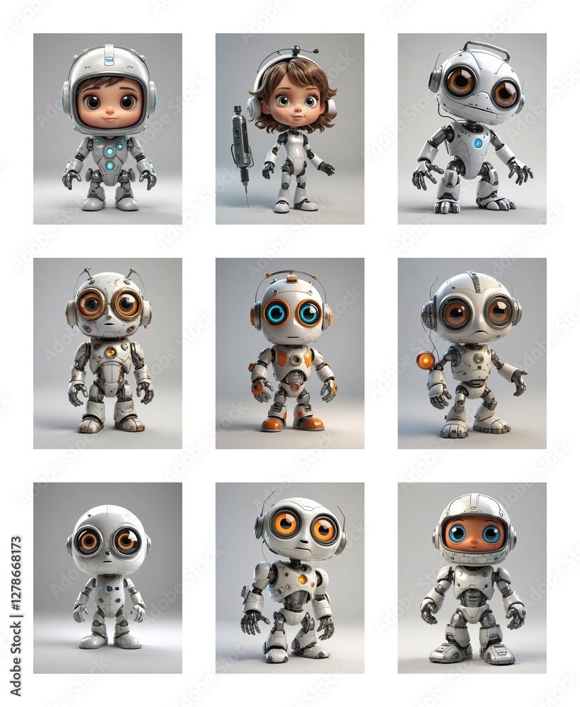 Poster nine cartoonish robots with big eyes are displayed on a white background. some are humanoid figures,