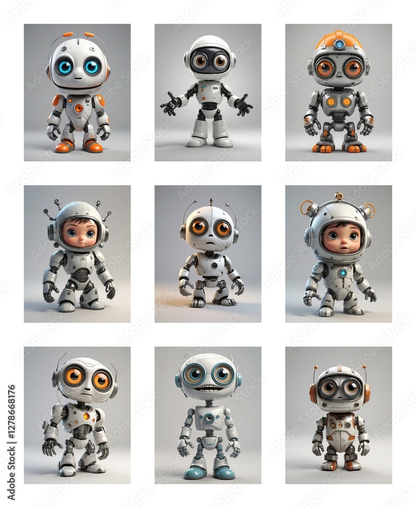 Aufkleber nine charming cartoon robots are showcased in a grid, each with unique designs, poses, and expressio