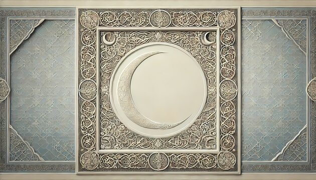 Classic Islamic calligraphy frame with a subtle embossed pattern, crescent moon accents, and an elegant border, designed for Ramadan-themed invitations or posts