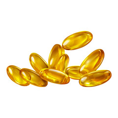 Yellow fish oil soft gels scattered on the ground, transparent background PNG.
