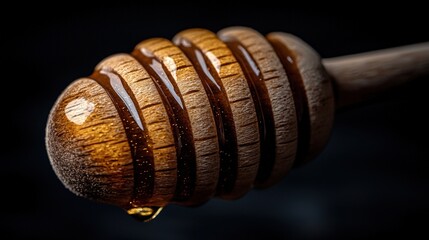 Elegant wooden spoon drenched in golden honey ready for culinary creations and natural sweetening