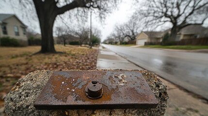 Fototapeta premium Rusty Bolt on Weathered Concrete Near Empty Suburban Street